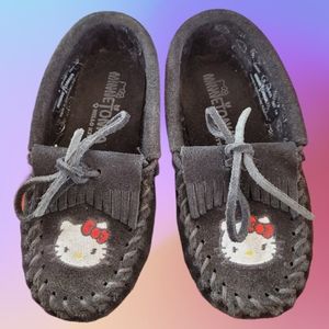 Black suede Minnetonka Hello Kitty kids moccasins
